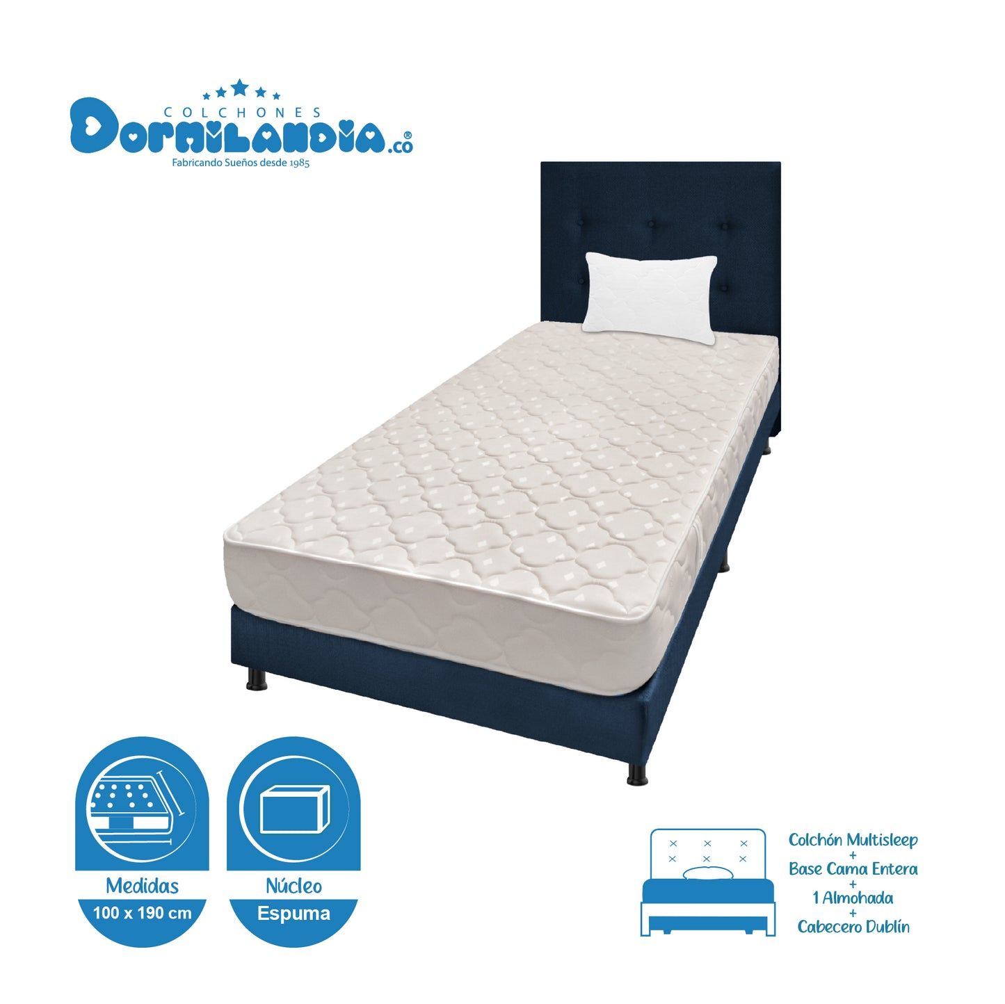 Mega Combo Colchón Multisleep Espumado + Base Cama + cabecero + Almohadas