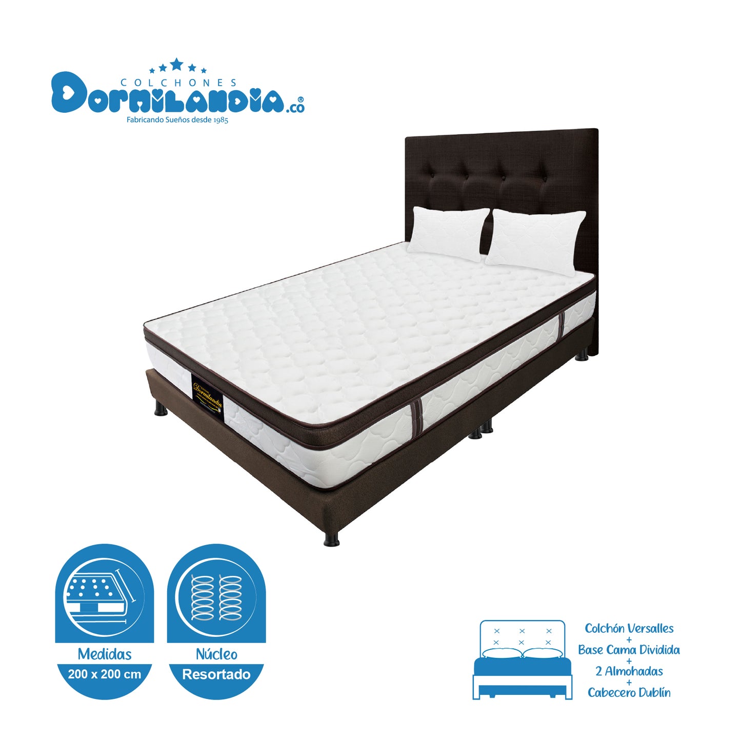 Mega Combo Colchón Versalles King Resortado + Base Cama + Cabecero + Almohadas