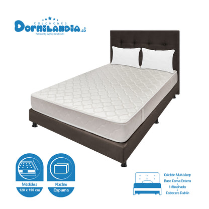 Mega Combo Colchón Multisleep Espumado + Base Cama + cabecero + Almohadas