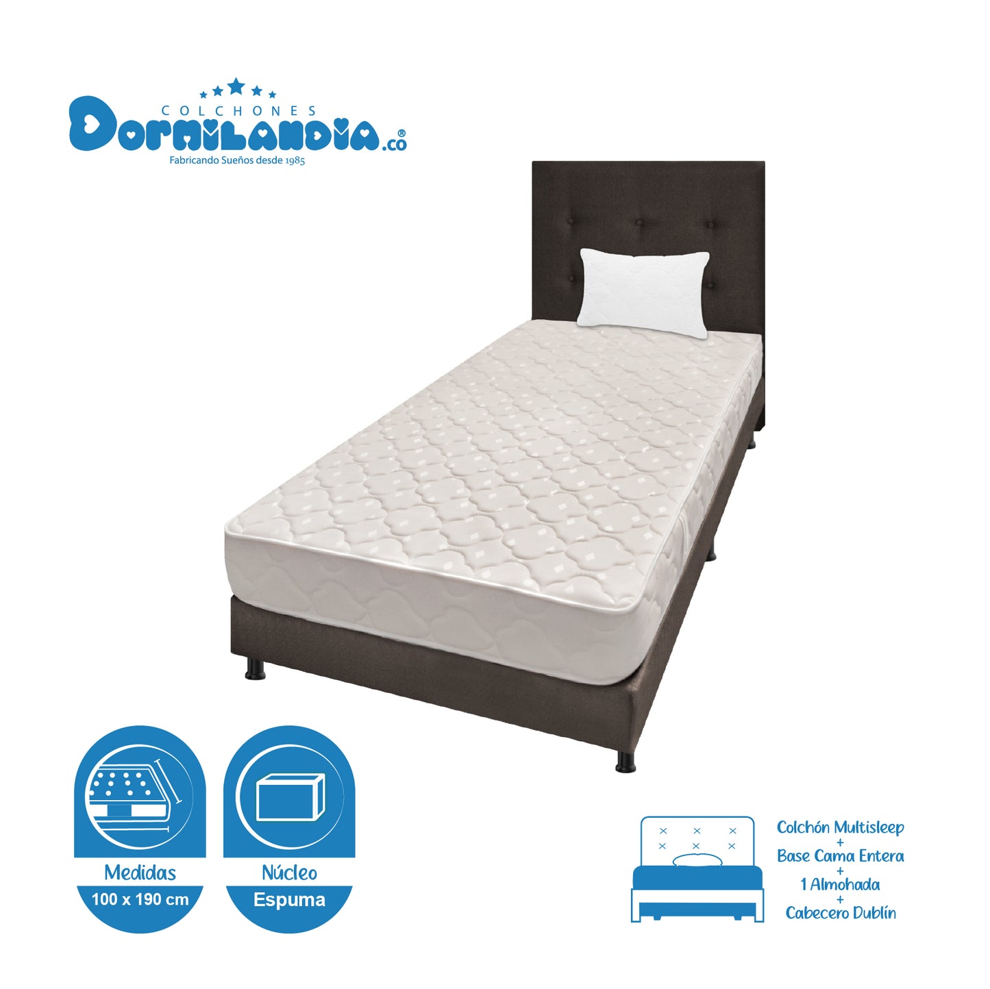 Mega Combo Colchón Multisleep Espumado + Base Cama + cabecero + Almohadas