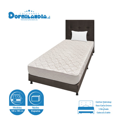 Mega Combo Colchón Multisleep Espumado + Base Cama + cabecero + Almohadas