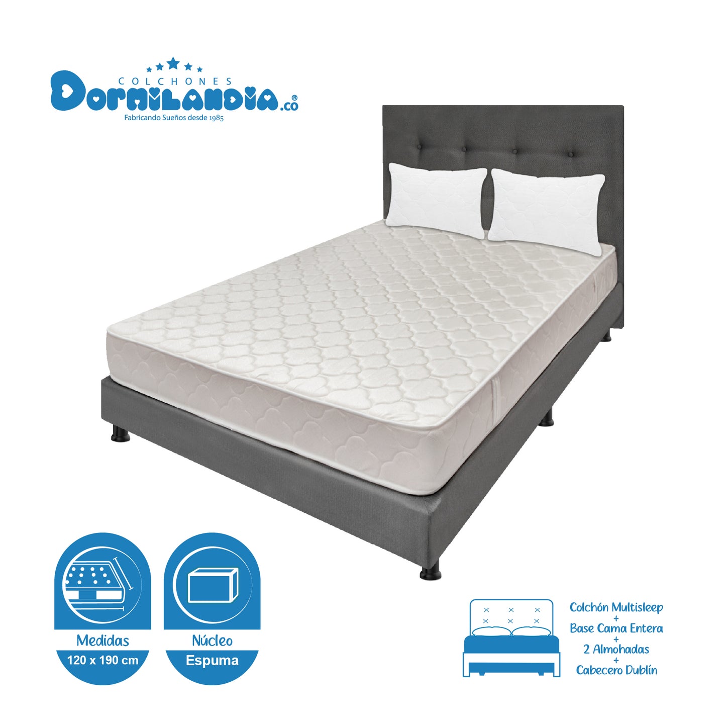 Mega Combo Colchón Multisleep Espumado + Base Cama + cabecero + Almohadas