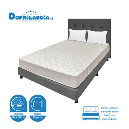 Mega Combo Colchón Multisleep Espumado + Base Cama + cabecero + Almohadas