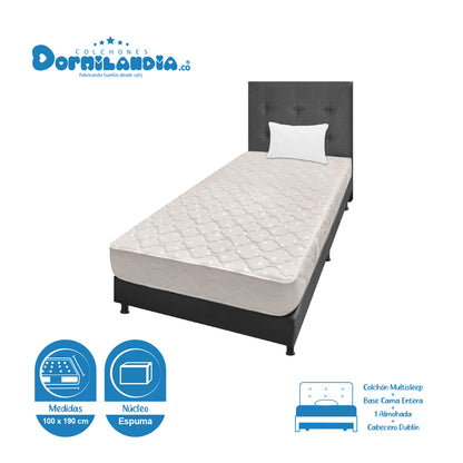 Mega Combo Colchón Multisleep Espumado + Base Cama + cabecero + Almohadas