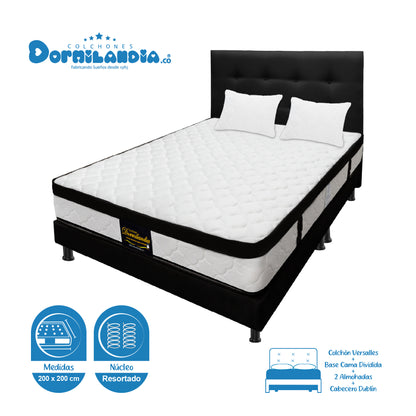 Mega Combo Colchón Versalles King Resortado + Base Cama + Cabecero + Almohadas