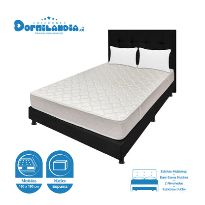 Mega Combo Colchón Multisleep Espumado + Base Cama + cabecero + Almohadas