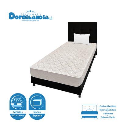 Mega Combo Colchón Multisleep Espumado + Base Cama + cabecero + Almohadas
