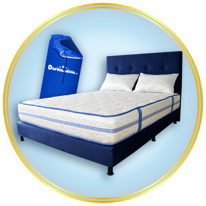 Mega Combo Colchón Caribe Resortado Enrollado + Base Cama+ Cabecero +Almohadas