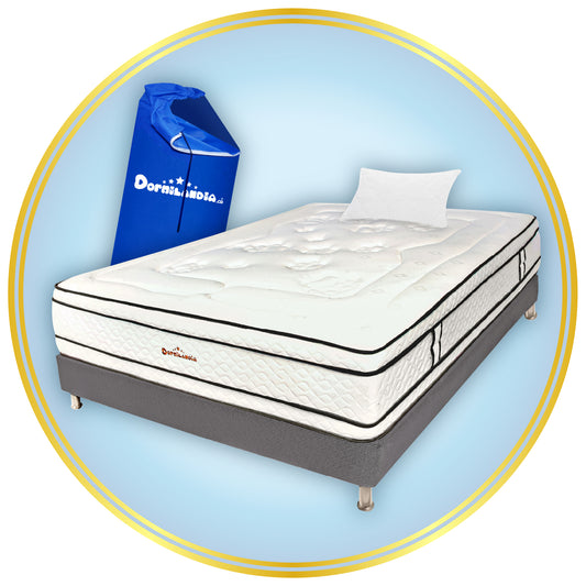 Combo Colchón Infinity Pocket Enrollado En Tula Confortable + Base Cama + Almohadas