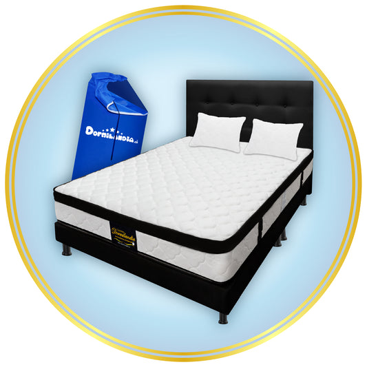 Mega Combo Colchón Versalles Resortado Enrollado + Base Cama + Cabecero + Almohadas
