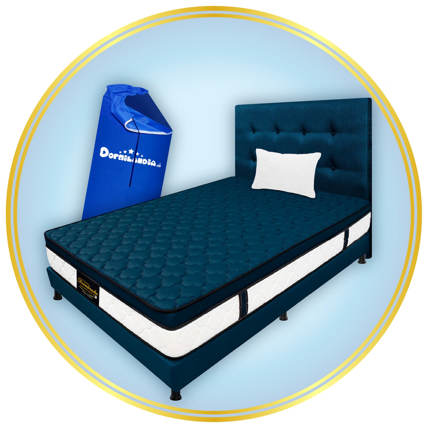 Mega combo Colchón Dublín Resortado Enrollado En Tula Confortable + Base Cama + Cabecero + Almohadas