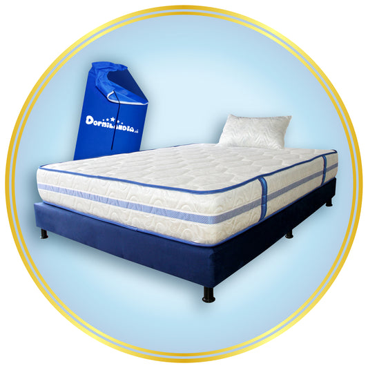 Combo Colchón Caribe Resortado Enrollado + Base Cama+ Almohadas