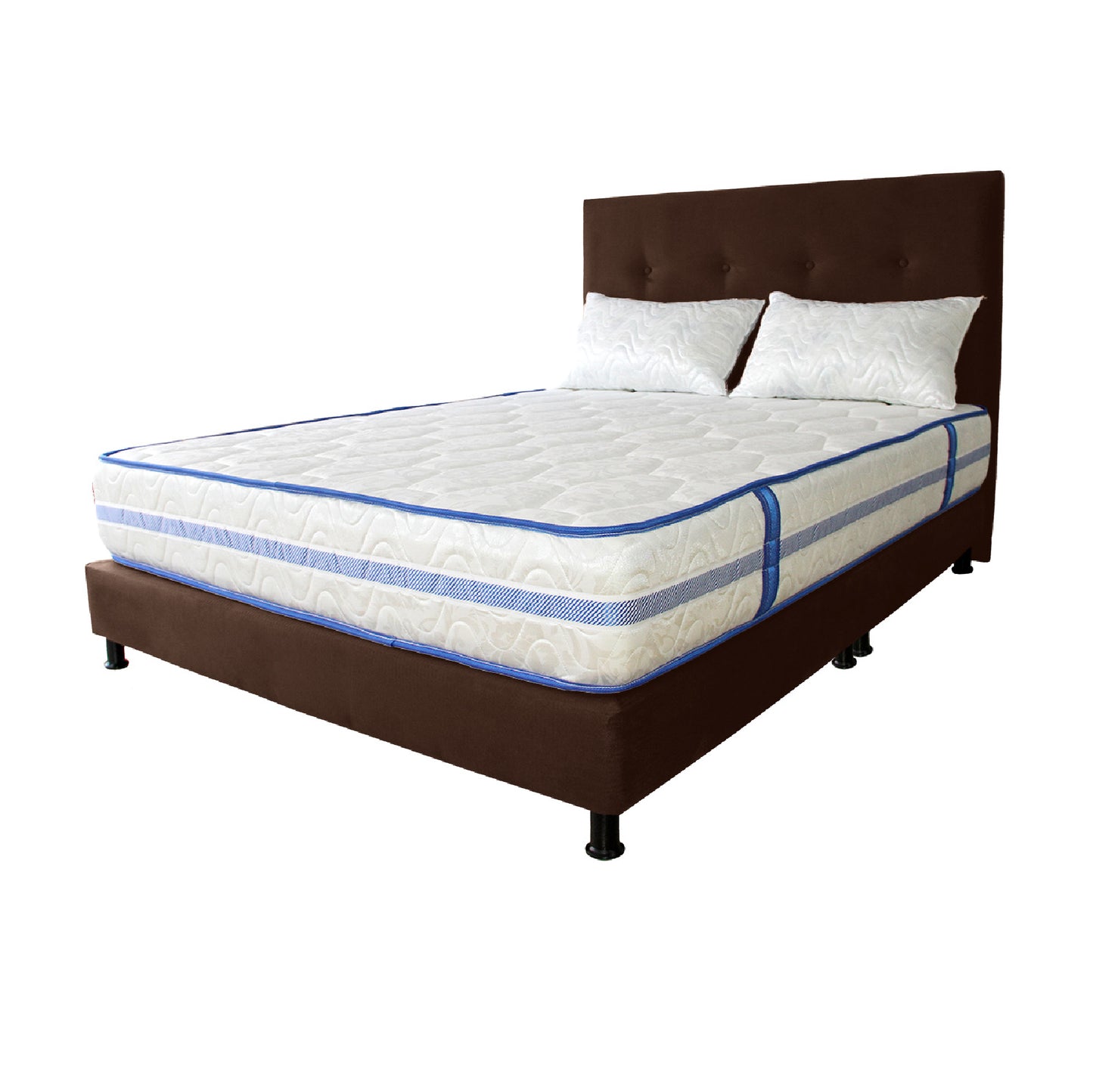 Mega Combo Colchón Caribe King Resortado + Base Cama + Cabecero + Almohadas