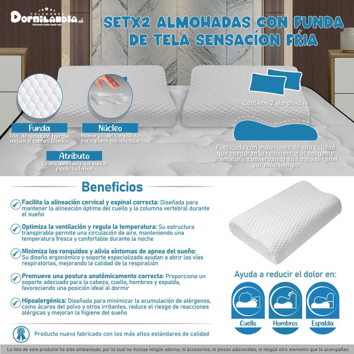 Set X2 Almohada Viscoelástica Cervical Tela Fría