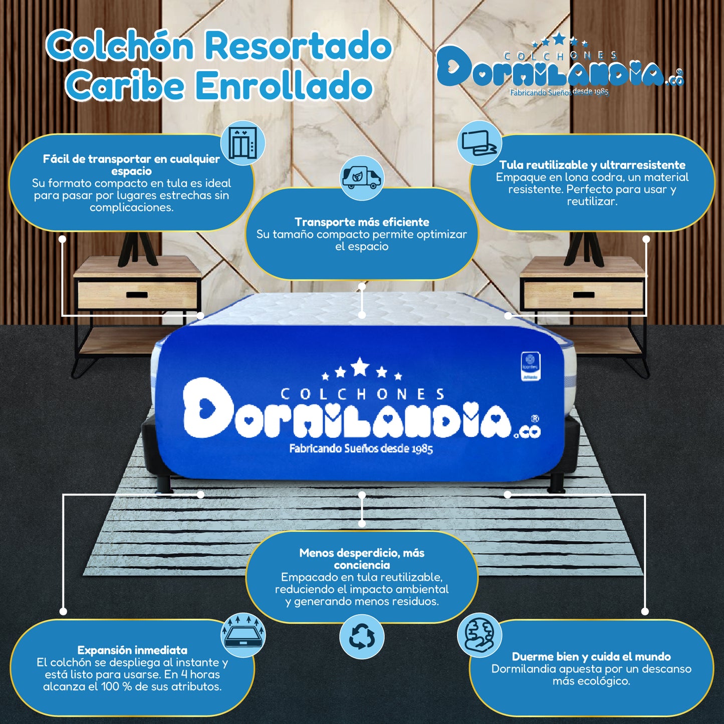 Mega Combo Colchón Caribe Resortado Enrollado + Base Cama+ Cabecero +Almohadas