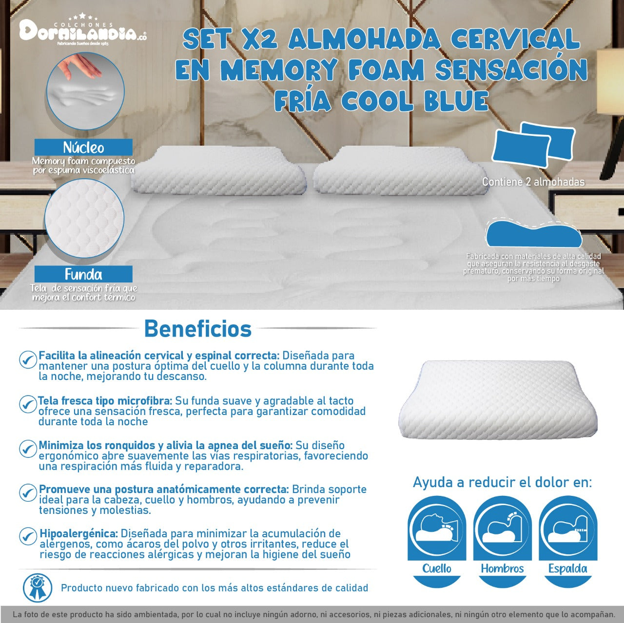 Set X2 Almohadas Cervicales Sensación Fría Cool Blue