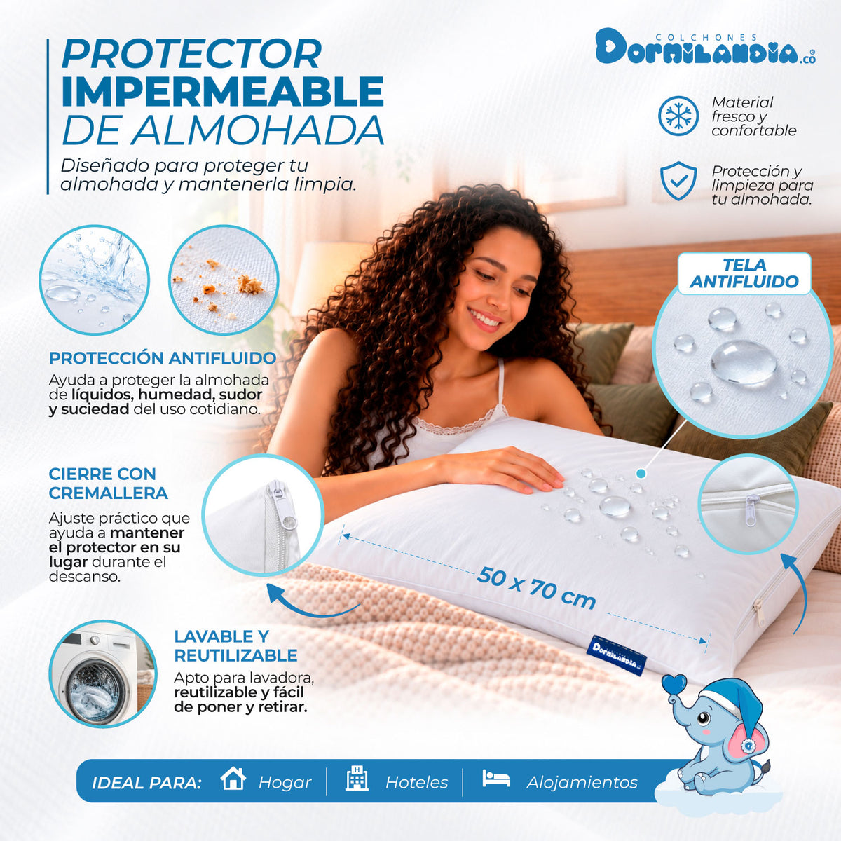 Protector Impermeable Para Almohada 70x50 Cm Con Cremallera