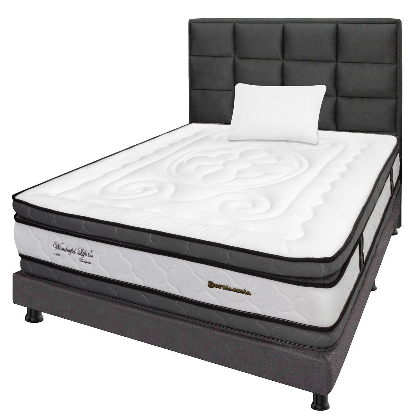 Mega Combo Colchón Wonderful DP Resortado + Base Cama + Cabecero + Almohadas